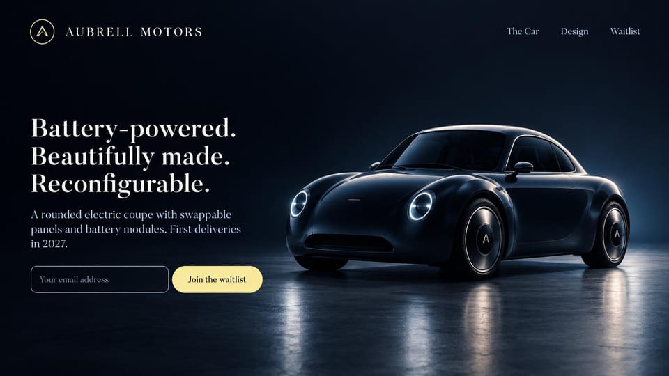 Coming soon website design, car or hardware reveal in a dark studio: deep navy studio, a rounded black electric coupe with lit headlights, serif headline and a pale yellow waitlist button