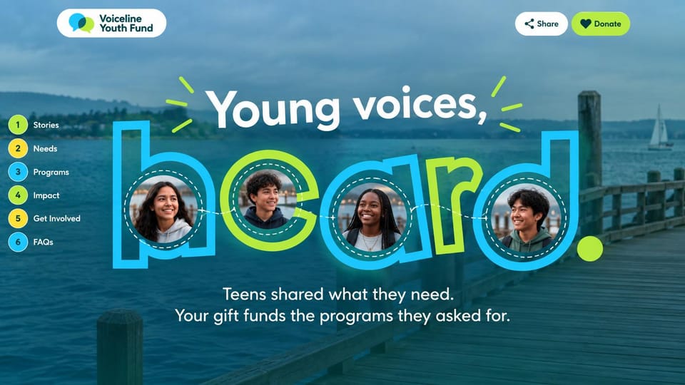 Nonprofit website design, youth fund with playful type and faces: blue lake backdrop, oversized blue and lime letters holding four teen portraits, numbered side menu