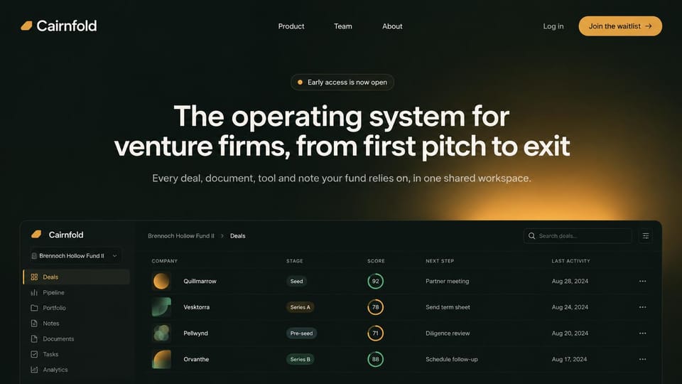Coming soon website design, business software early access under an amber glow: dark green-black page with an amber glow, white centered headline, a small early access pill, an amber waitlist button, a dark deal table preview below