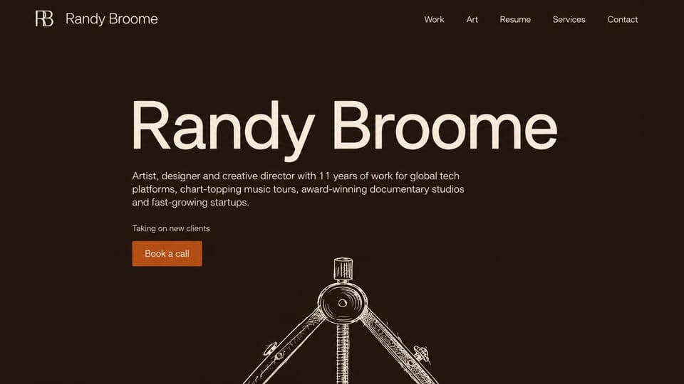 Resume website design, creative director with a huge name and a tripod drawing: dark brown page, huge cream name, orange book a call button, white line drawing of a tripod