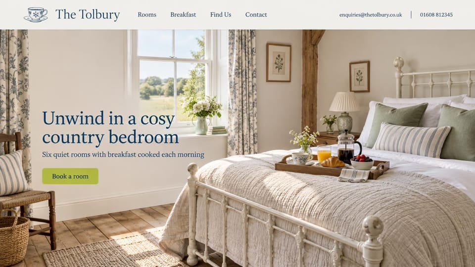 Bed and breakfast website design, country B&B with breakfast in bed: a sunny cottage bedroom with an iron bed and a breakfast tray, navy serif headline and a lime green button
