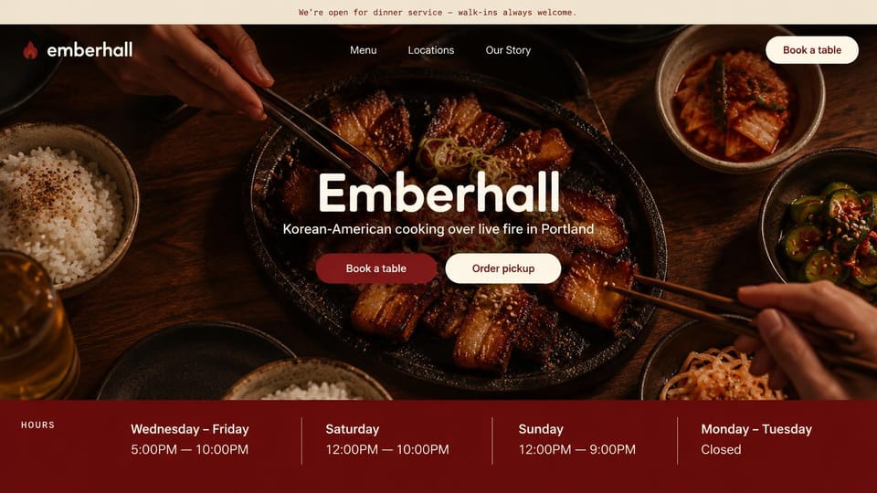 Restaurant website design, live-fire cooking with hours on the hero: dark red, an overhead spread of Korean dishes behind a bold name and a red hours band below