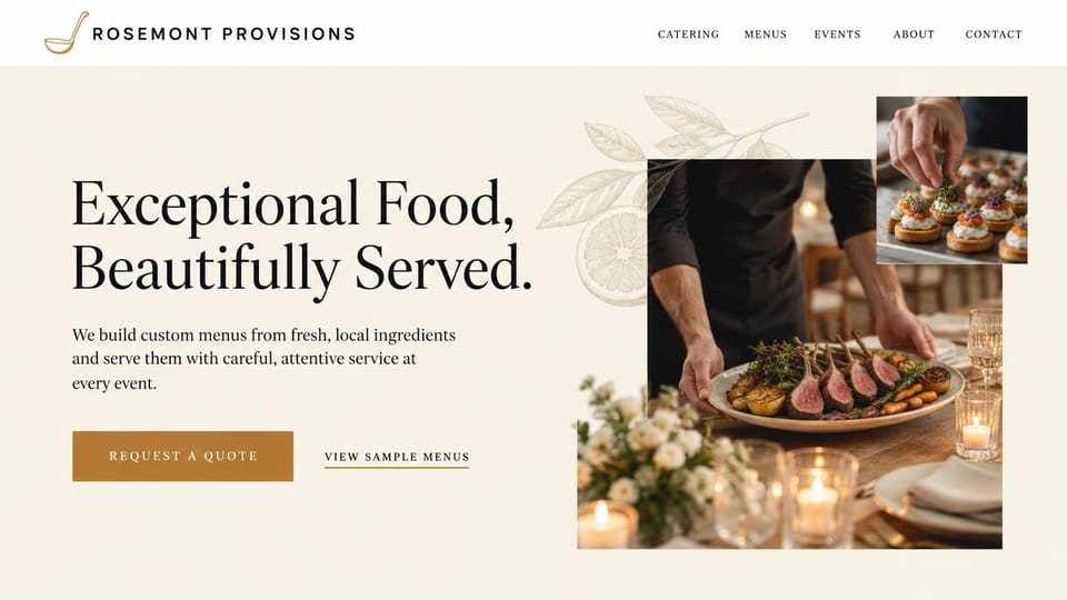Catering website design, full-service catering with overlapping photos: cream page with faint botanical line art, a large black serif headline, a gold quote button and overlapping photos of a chef plating lamb and a tray of canapés