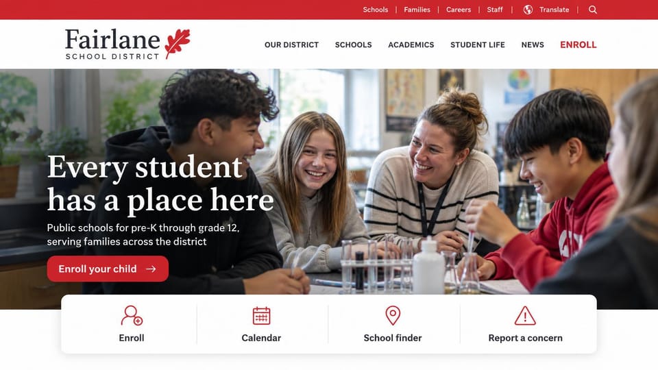 School website design, school district with quick links up front: red top bar and white header, students and a teacher at a lab table, a card of four icon links below