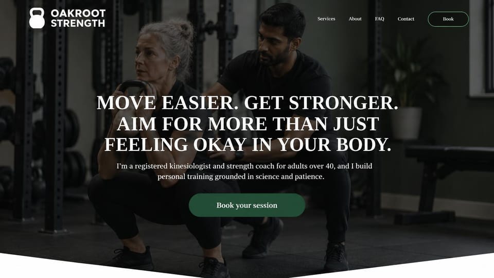 Personal trainer website design, science-led strength for over 40s in centered serif capitals: dark gym photo of a coach guiding an older woman's kettlebell squat, a centered white serif headline in capitals, a short first-person intro, a deep green booking button