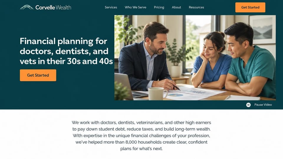 Financial advisor website design, planning for doctors, dentists and vets: dark teal page, bold white sans headline, orange button and an advisor meeting two clinicians in scrubs, with a white intro below