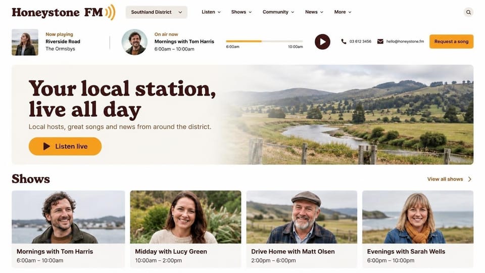 Radio station website design, rural district radio with the day's hosts: cream and warm white with a dark brown serif headline, a photo of a river winding through green hills behind a wire fence, an orange listen button, a play bar with an orange progress line and four smiling host photo cards