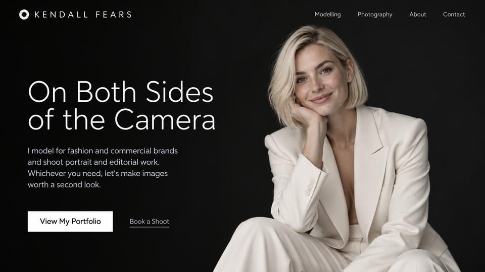 Model portfolio website design, model who also shoots photography: black page, a large white sans headline, a white portfolio button and a smiling blonde woman in a cream suit