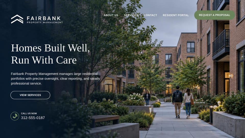 Property management website design, large residential portfolios at twilight: dark blue gradient over a landscaped apartment courtyard at twilight, a white serif headline and a sage proposal button