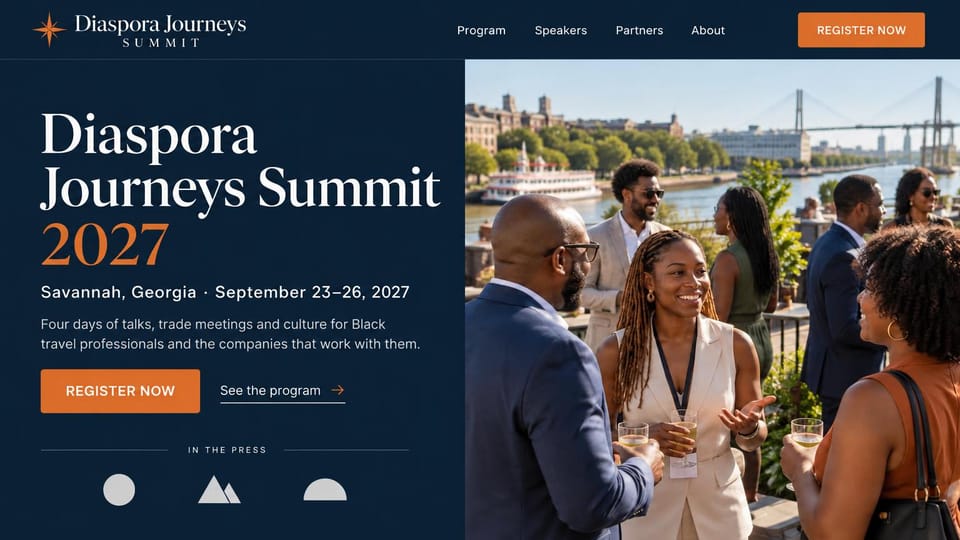 Event website design, travel industry summit with riverside networking: navy panel with a white serif headline, orange register button, attendees talking by a river with a bridge behind