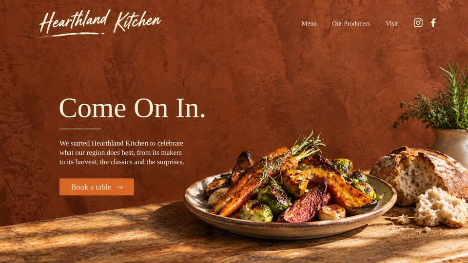 Restaurant website design, farm-to-table with a warm welcome: terracotta textured wall, a roasted vegetable plate and a left-aligned welcome with an orange button