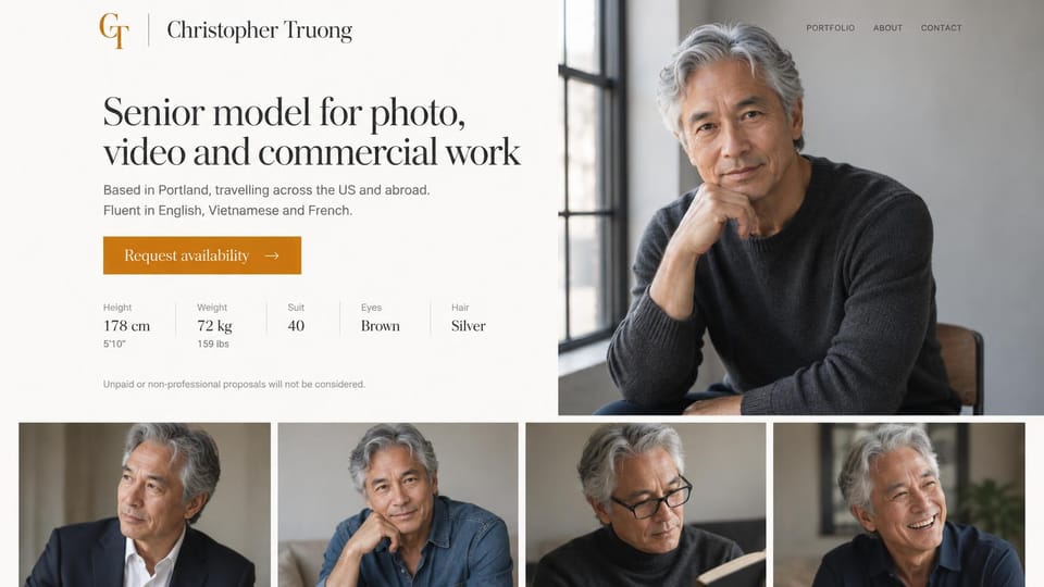 Model portfolio website design, senior male model with a warm window portrait: warm white page, a dark serif headline, an orange button, a silver-haired man by a window and four portraits below