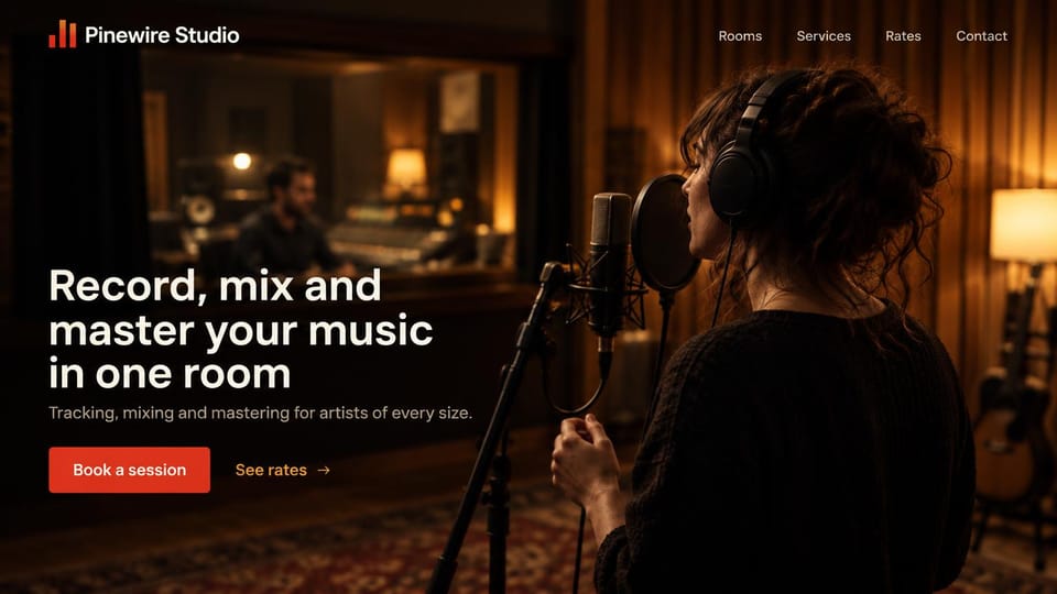 Recording studio website design, one-room studio with a singer at the mic: warm dark photo of a woman in headphones singing into a studio microphone with an engineer behind the glass, a bold white headline, a red session button