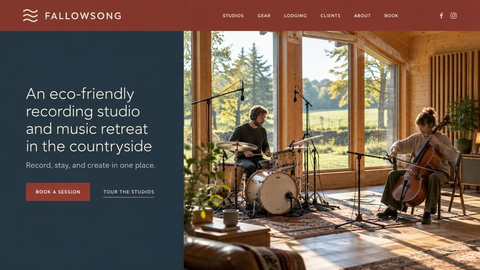 Recording studio website design, countryside recording retreat with lodging: brick red menu bar, a slate blue panel with a white headline and a red session button, a drummer and a cellist recording in a sunlit timber room with a view of fields