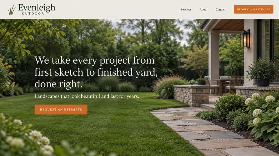 Landscaping website design, residential landscaping from sketch to finished yard: ivory header with a burnt orange estimate button, full-width photo of a lawn and stone path leading to a covered patio, large white serif headline at the left
