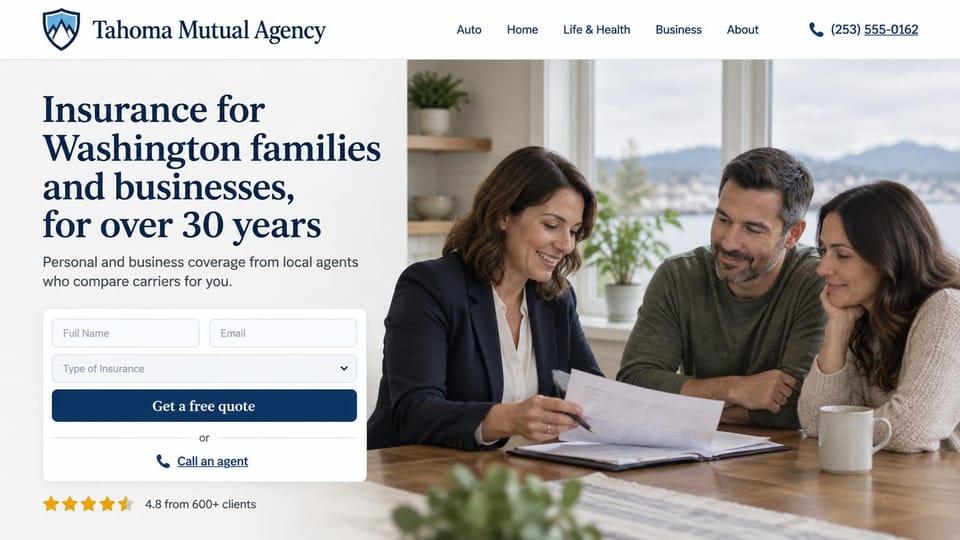 Insurance agency website design, family and business agency with a quote form on the first screen: white page, a navy serif headline, a navy quote button in a white form card and an agent showing papers to a couple by a window with a mountain view
