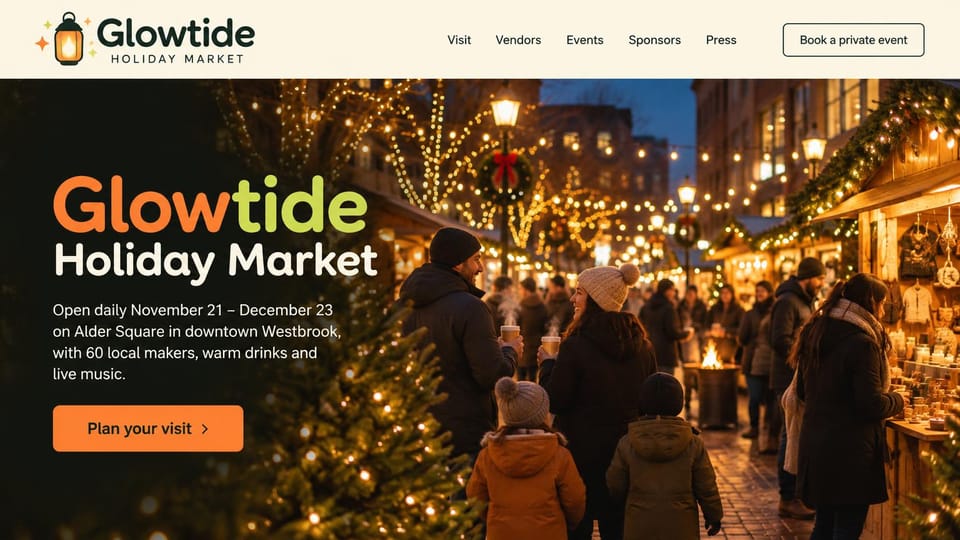 Event website design, downtown holiday market with private event bookings: cream header with a lantern logo and an outlined private event button, night photo of a family with warm drinks among lit wooden stalls, an orange and lime headline and an orange visit button