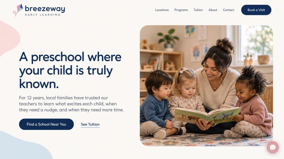 Daycare website design, preschool group with story time and tuition: cream page with soft shapes, navy rounded headline beside a teacher reading to three toddlers, navy pill button