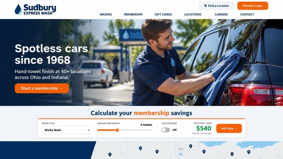 Car detailing website design, express wash with a savings calculator: white header, a daylight photo of an attendant towel-drying a dark SUV, an orange membership button, a savings calculator and a location map below