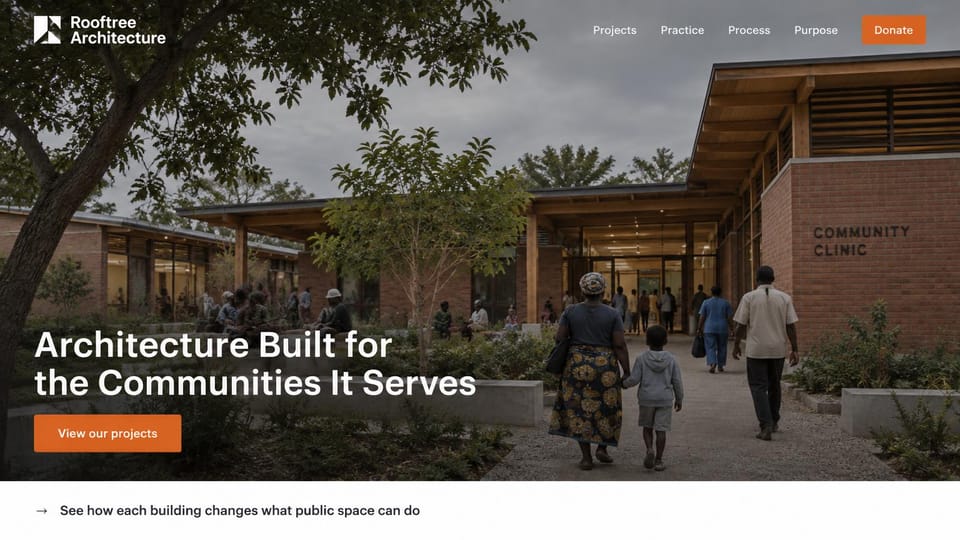 Architecture website design, community and nonprofit architecture: photo of families walking into a brick and timber community clinic, white bold headline, orange buttons, a white band with a link below