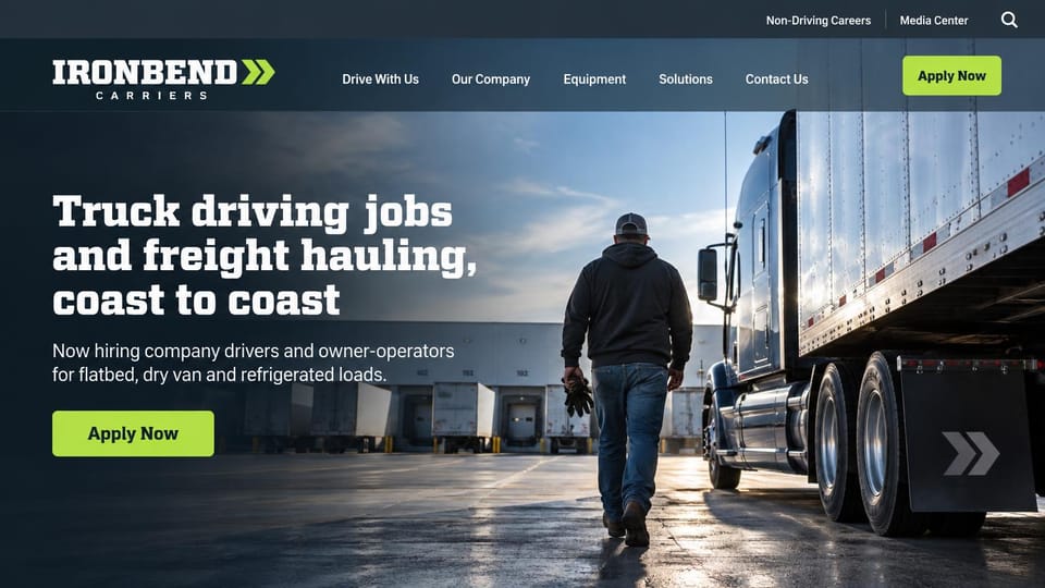 Logistics website design, trucking company hiring drivers first: dark slate header, a sunrise photo of a driver walking toward a semi at a terminal, white slab-serif headline, lime buttons