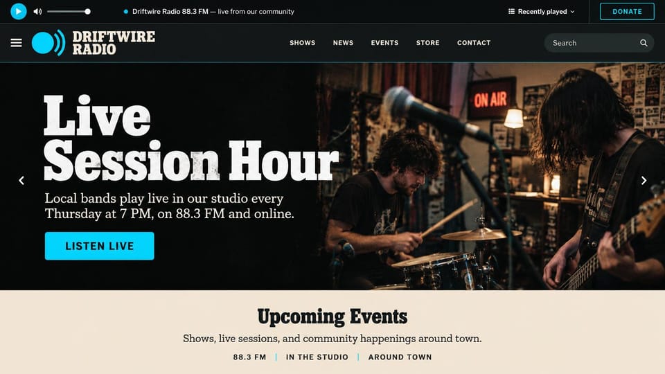 Radio station website design, community radio leading with a live session: live strip and dark header over a black banner, a drummer and guitarist playing under an on-air sign, large white slab serif headline, cyan button and a cream events section