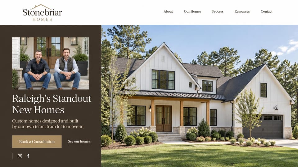 Construction website design, home builder with the owners beside the house: white header, a dark brown side panel with a photo of two owners, a cream serif headline and a gold button, a white modern farmhouse