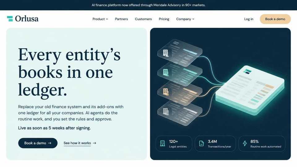 AI startup website design, multi-entity finance AI with ledgers merging into one: pale mint panel with a large navy serif headline and a navy demo button beside a dark navy panel where glass ledger cards flow into one glowing teal ledger, three stat cards below and a peach demo button in the nav