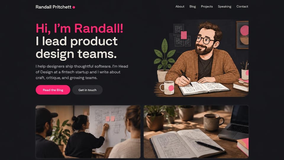 Blog website design, design leader's blog with an illustration: charcoal, a pink and cream headline, an illustrated man drawing at a desk and two photos below