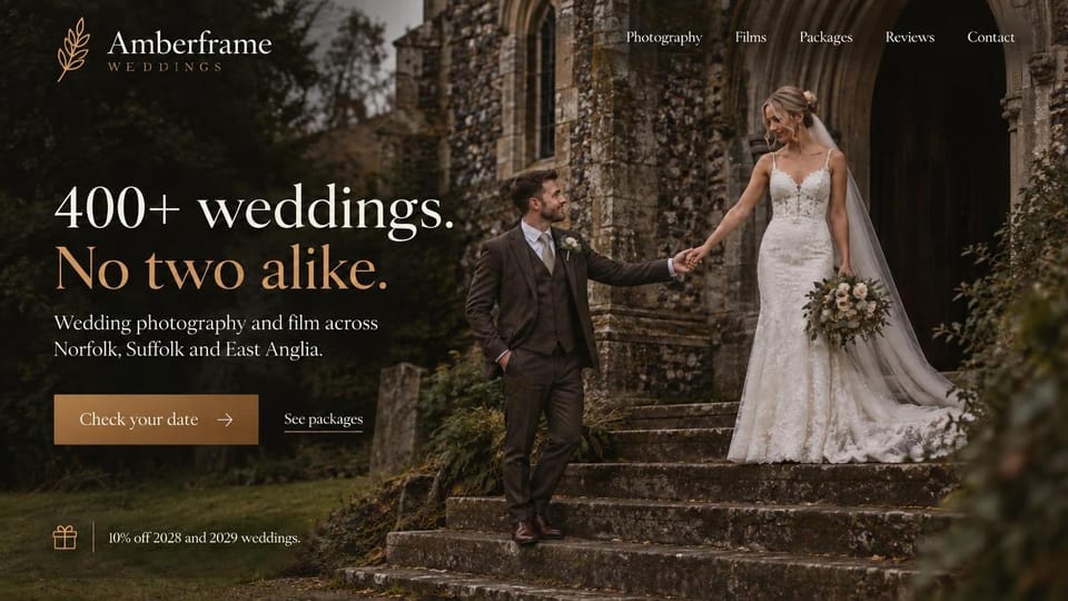 Wedding photographer website design, photo and film studio that leads with experience: dark photo of a couple holding hands on mossy church steps, a white and copper serif headline, a copper button and a small offer line with a gift icon