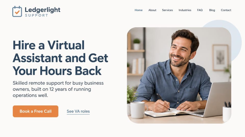 Virtual assistant website design, remote support with a rounded portrait: off-white page, a navy headline, an orange call button, a smiling man writing at a desk in a rounded photo frame with a pale blue circle behind