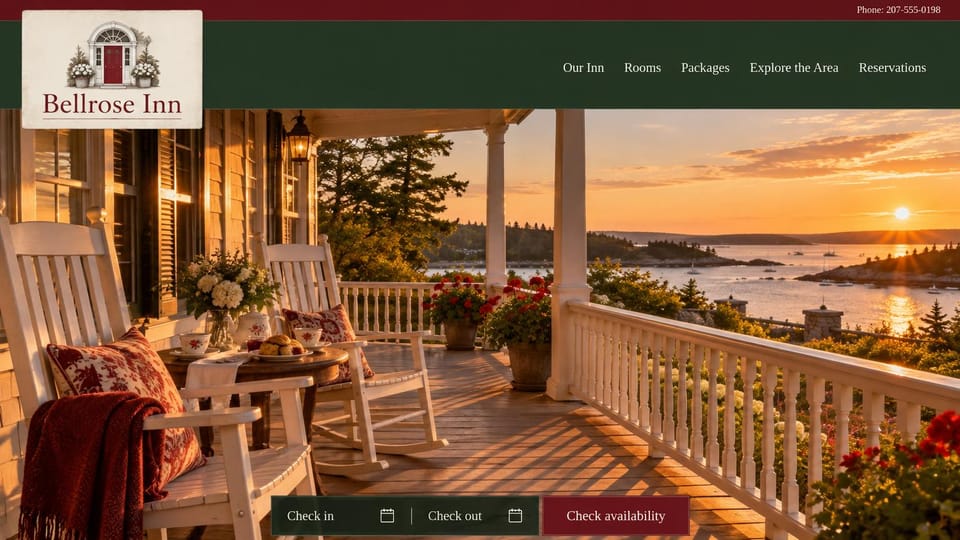 Bed and breakfast website design, coastal inn porch at sunset: white rocking chairs on a porch over a harbor at sunset, dark green header with a framed logo, maroon date bar