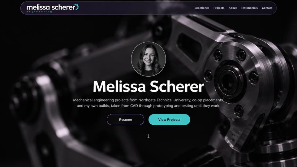 Engineering portfolio website design, mechanical engineering student over a machined part: black page with a dim close-up of a machined metal joint, a round portrait, a large white centered name and a teal button