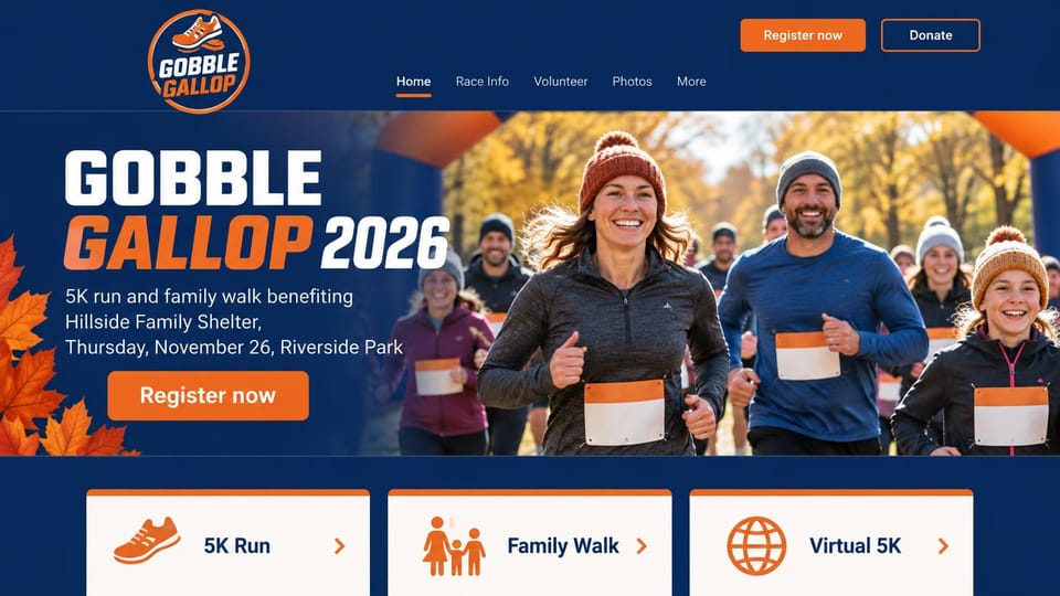 Event website design, charity 5K with run, walk and virtual options: navy and orange page, bold headline, smiling runners in winter hats under autumn leaves, three white option cards