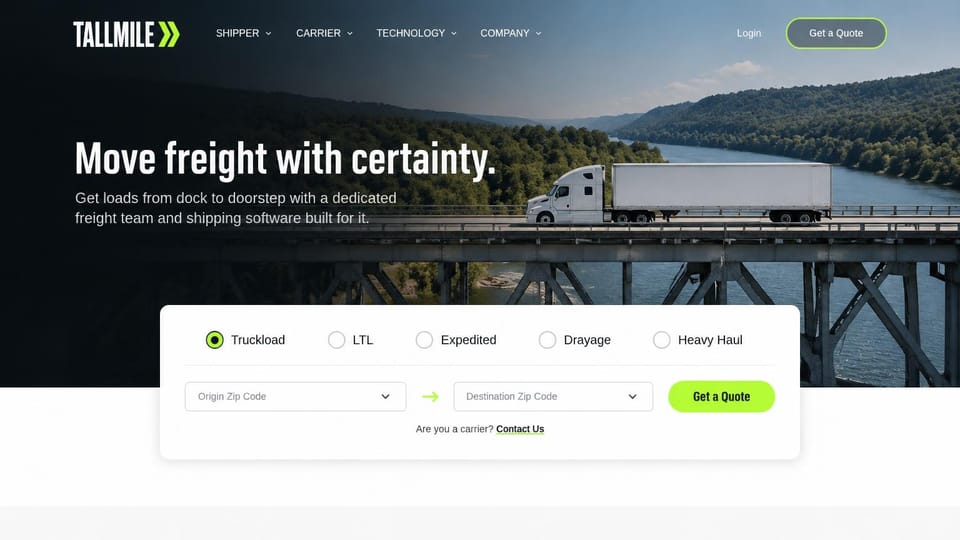 Logistics website design, freight brokerage with a quote form over the hero: dark photo of a semi crossing a truss bridge over a river valley, condensed white headline, a white quote form with freight type options and a lime button