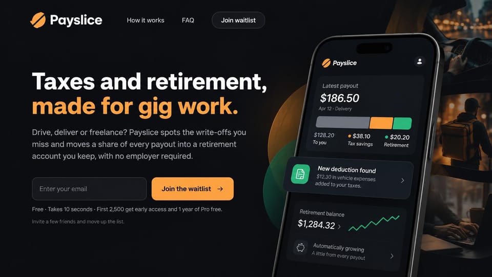 Mobile app website design, finance app for gig workers at night: dark city background, white and orange headline, an email field with an orange button and a phone with payouts