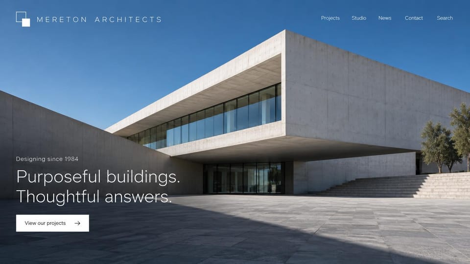 Architecture website design, established practice with a concrete landmark: deep blue sky over a cantilevered concrete building with a ribbon window, letter-spaced wordmark, white headline and button at lower left