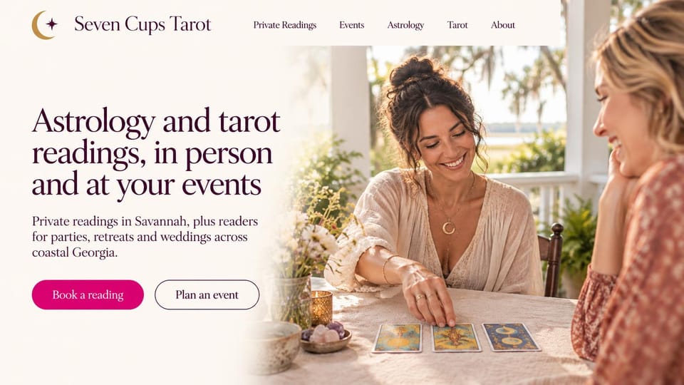 Astrology website design, tarot and astrology readers for parties and weddings: cream page, a plum serif headline, a hot pink button and an outlined one beside a reader laughing with a client over tarot cards in a sunlit room