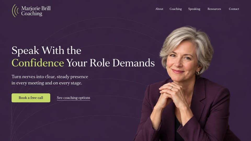 Coaching website design, communication coaching in deep plum: deep plum page, a serif headline with a lime highlighted word and a gray-haired coach with folded hands