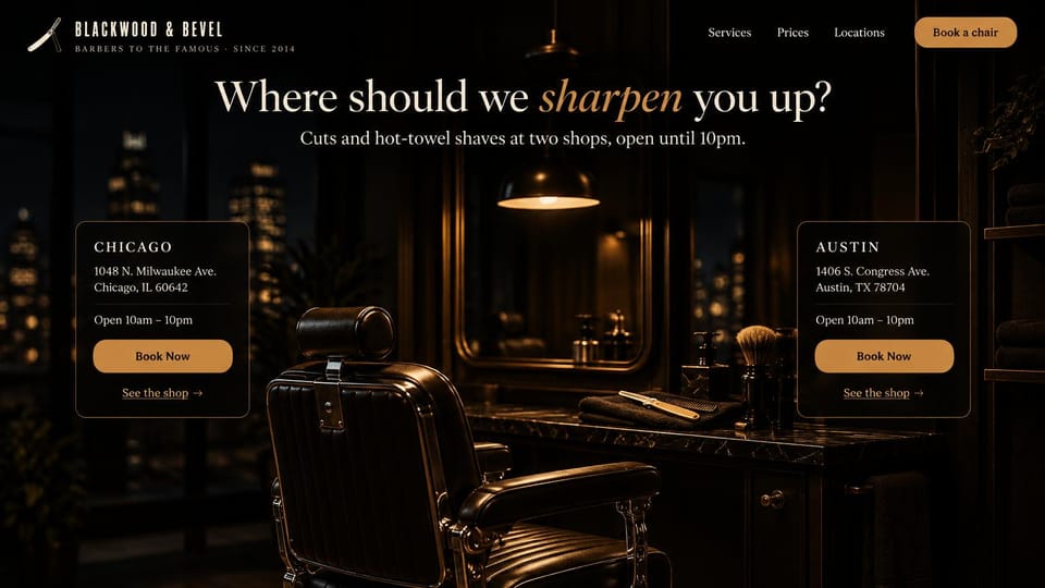 Barbershop website design, two-location barbershop with a card for each shop: near-black barbershop interior with a leather chair under a pendant lamp, a cream serif headline with one gold italic word, two location cards with gold buttons