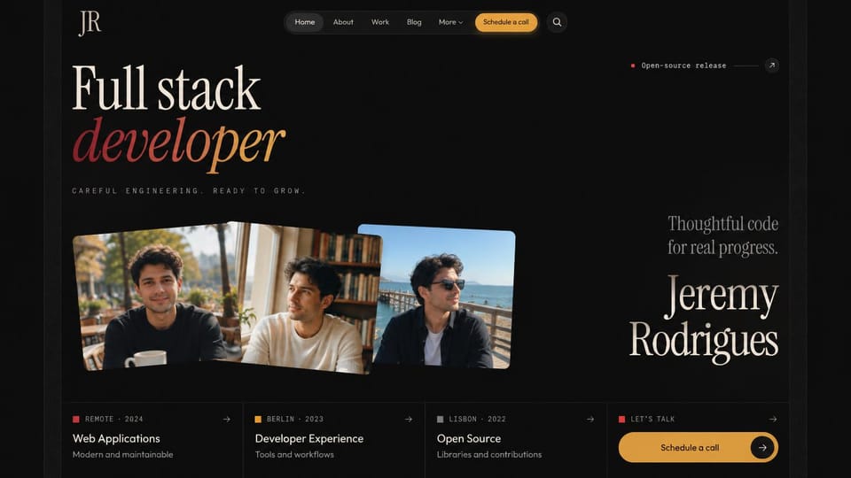 Portfolio website design, full stack developer, editorial and dark: dark page, a cream and red serif headline, a collage of portrait photos and a gold schedule a call button