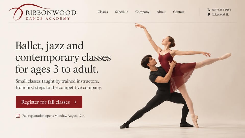 Dance studio website design, ballet and contemporary academy with a partnered lift: warm cream page, a charcoal serif headline, a male dancer lifting a ballerina in a burgundy dress, a burgundy register button