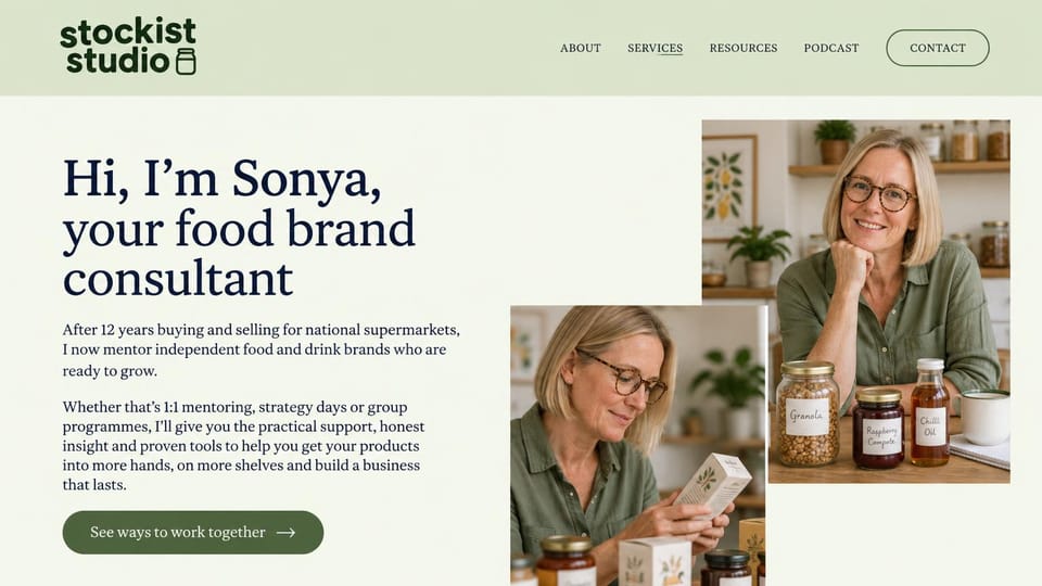 Consulting website design, food brand consultant with a first-person welcome: pale sage page, large navy serif headline, green button, two photos of a smiling consultant with jars and packaged goods