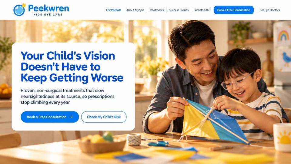 Medical practice website design, children's eye care for parents: white card with a bold blue headline over a sunny kitchen where a father and son build a kite
