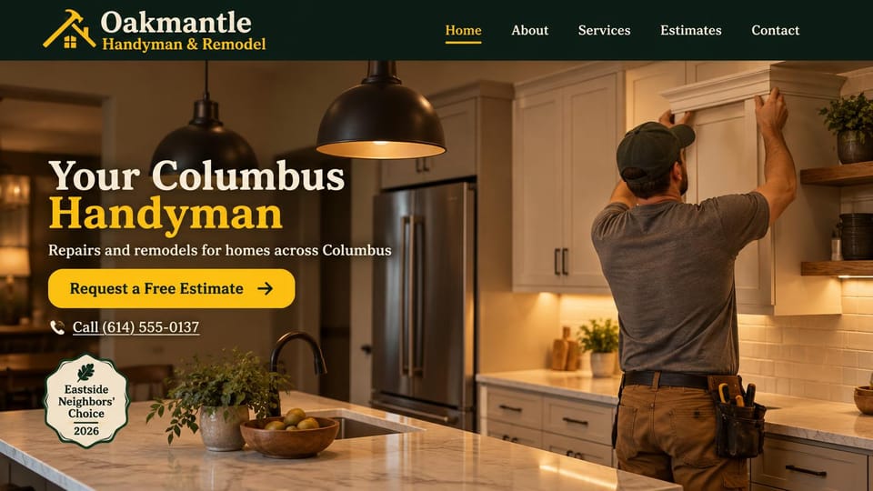 Handyman website design, handyman and remodeling in a warm evening kitchen: dark green header with a yellow hammer logo, a handyman fitting cabinet trim in a warm evening kitchen, white and yellow serif headline, yellow estimate button, a call link and a round badge