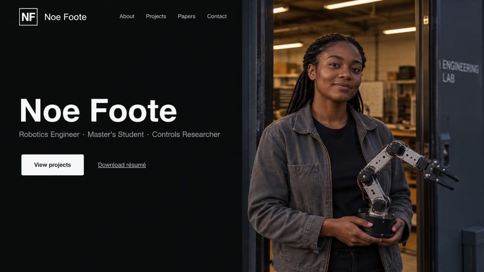 Resume website design, robotics master's student at the lab door: black split page, a large white name, gray roles, a white projects button and a résumé link beside a woman holding a robot arm at an engineering lab door