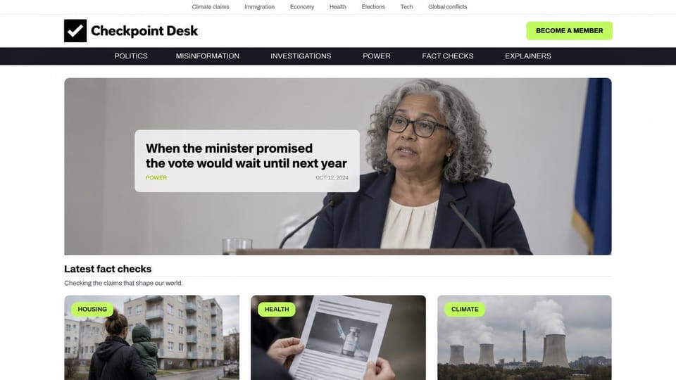 News and magazine website design, fact-checking site with topic tags: white page, black menu bar, lime member button and tags, a woman speaking at a podium