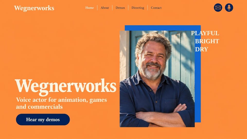 Actor website design, animation and games voice actor on bright orange: bright orange page, a cream bold serif wordmark, a gray-bearded man with crossed arms in a blue frame, three descriptor words and a navy demos pill