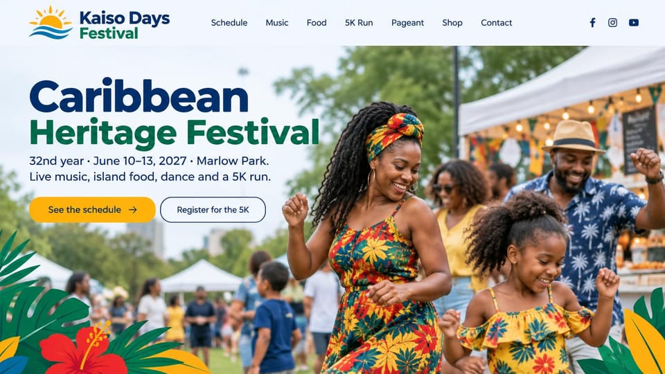 Event website design, caribbean heritage festival with a 5K: pale page, deep blue and green headline, yellow schedule button, outlined race button, a mother and daughter dancing in bright prints