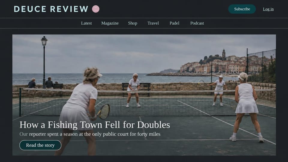 News and magazine website design, tennis magazine with one wide story photo: charcoal page, pale spaced-out logo, a doubles match on a seaside court with a white headline and outlined button